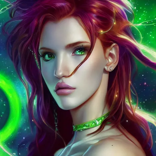 Image similar to ultra realistic illustration, bella thorne as starfire anime with glowing green eyes, intricate, elegant, highly detailed, digital painting, artstation, concept art, smooth, sharp focus, illustration, art by artgerm and greg rutkowski and alphonse mucha