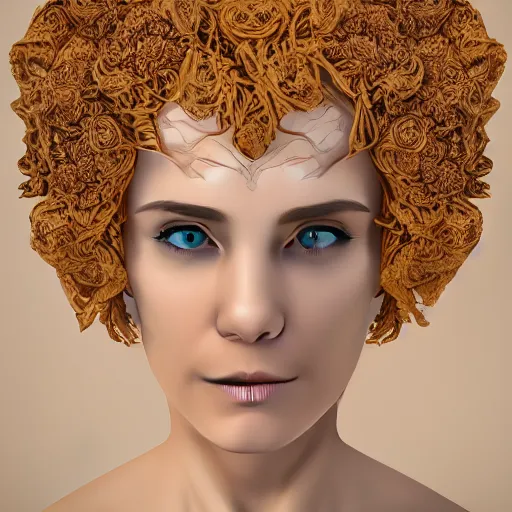 Image similar to beatifull face portrait of a woman, 150 mm, anatomical, flesh, flowers, mandelbrot fractal, facial muscles, veins, arteries, intricate, golden ratio, full frame, microscopic, elegant, highly detailed, ornate, ornament, sculpture, elegant , luxury, beautifully lit, ray trace, unreal, 3d, PBR, in the style of peter Gric , alex grey and Romero Ressendi