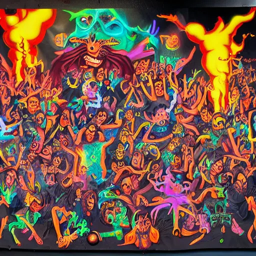 Image similar to mural of demons in rave party in hell by Chor Boogie