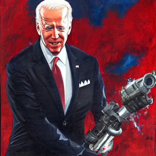 Prompt: Joe Biden holding a minigun standing ankle deep in a pool of blood with a war happening in the background, oil painting