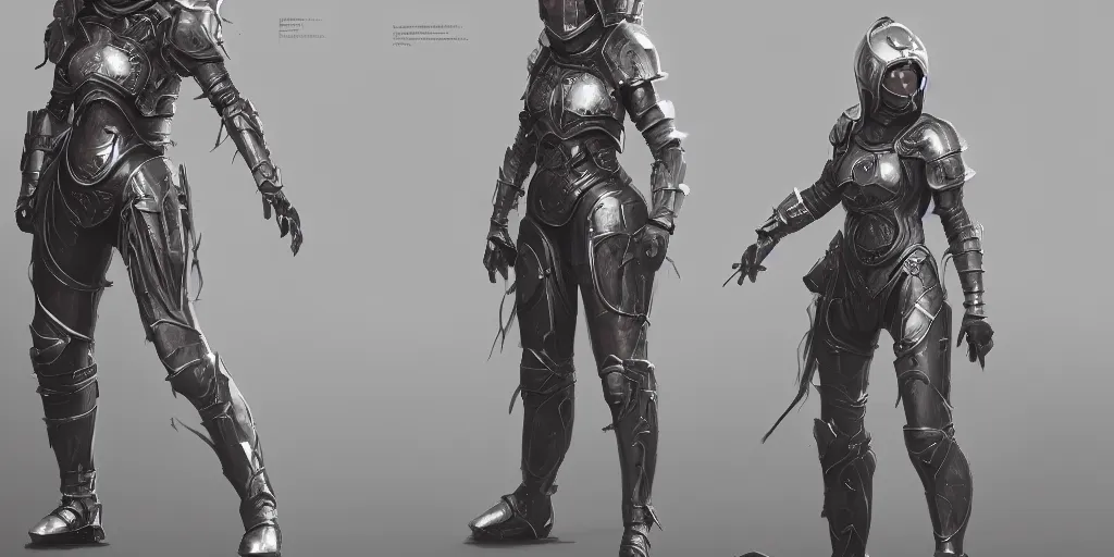 Prompt: realistic futuristic girl medieval armor metal clean design by apple , character sheet, Greg Rutkowski, Zabrocki, Karlkka, Jayison Devadas, Phuoc Quan, trending on Artstation, 8K , zenith view, pincushion lens effect.