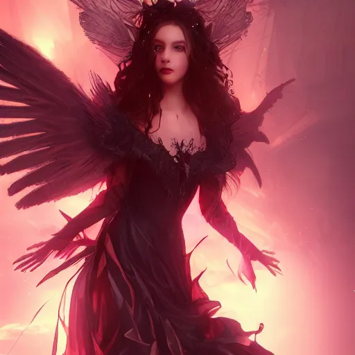 Image similar to young vampire princess with burning wings 4 k high definition gorgeous dramatic lighting artstation trending path traced contrast light and dark cinematic breathtaking by hans zatzka