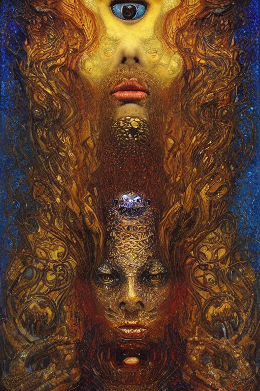 Image similar to Visions of Hell by Karol Bak, Jean Deville, Gustav Klimt, and Vincent Van Gogh, visionary, otherworldly, fractal structures, ornate gilded medieval icon, third eye, spirals