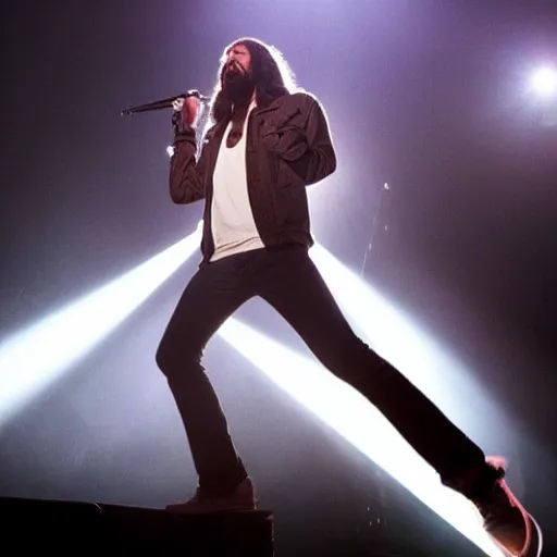 Image similar to Jesus Christ in a rock band, singing on stage, dynamic lighting, dynamic pose