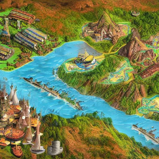 Prompt: topview map, miniature photography closeup, h0, 1:87, river, highly detailed, satellite image, game map, anno 1404, monkey island, civilization, by tim hildebrandt, by rhads, megascans texture
