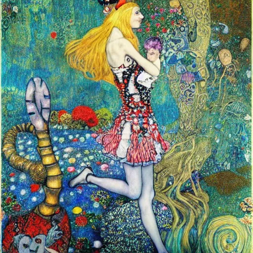 Image similar to alice in wonderland tripping on lsd, intricate detail, painting, jazz age, klimt, miro, royo, frazetta, whealan,