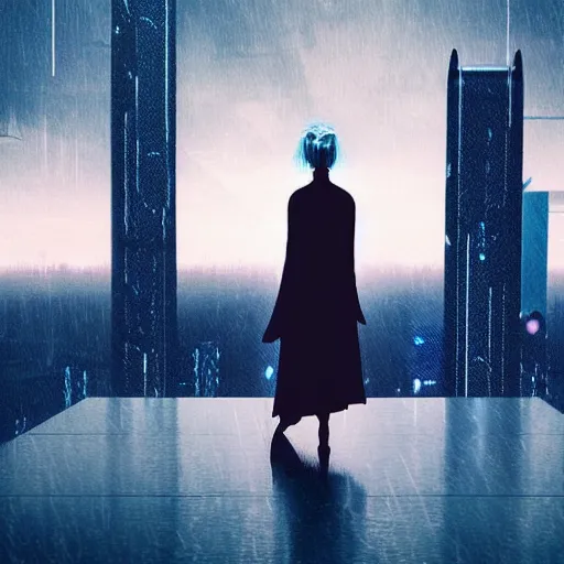 Image similar to « futuristic city, cyberpunk, blade runner, sunrise, morning, girl watching the sky, ground view to the top »