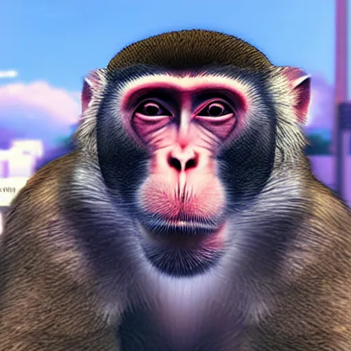 Prompt: Macaque in grand theft auto among cute anime girls