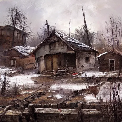 Image similar to painting by jakub rozalski of abandoned eastern european village