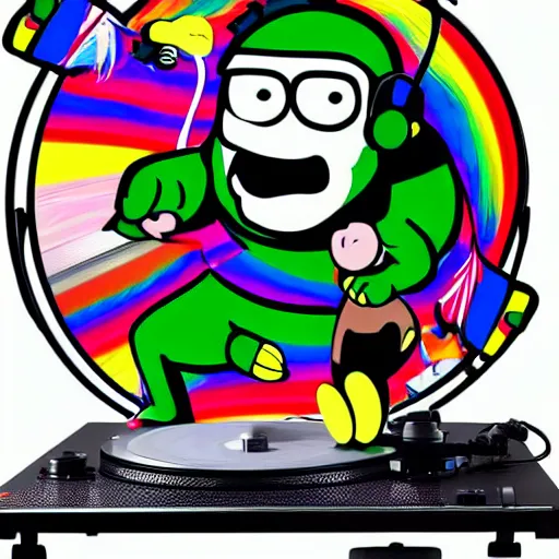 Image similar to svg sticker of a Family-Guy Peter-Griffin at a rave, spinning records, giant headphones rocking out, wearing headphones, huge speakers, dancing, rave, DJ, spinning records, digital art, amazing composition, rule-of-thirds, award-winning, trending on artstation, featured on deviantart