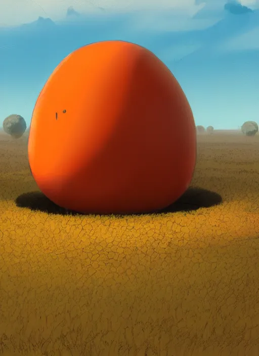 Image similar to cartoon of a giant orange object in the middle of a field, concept art by moebius, artstation, context art, 2 d game art, concept art, sci - fi