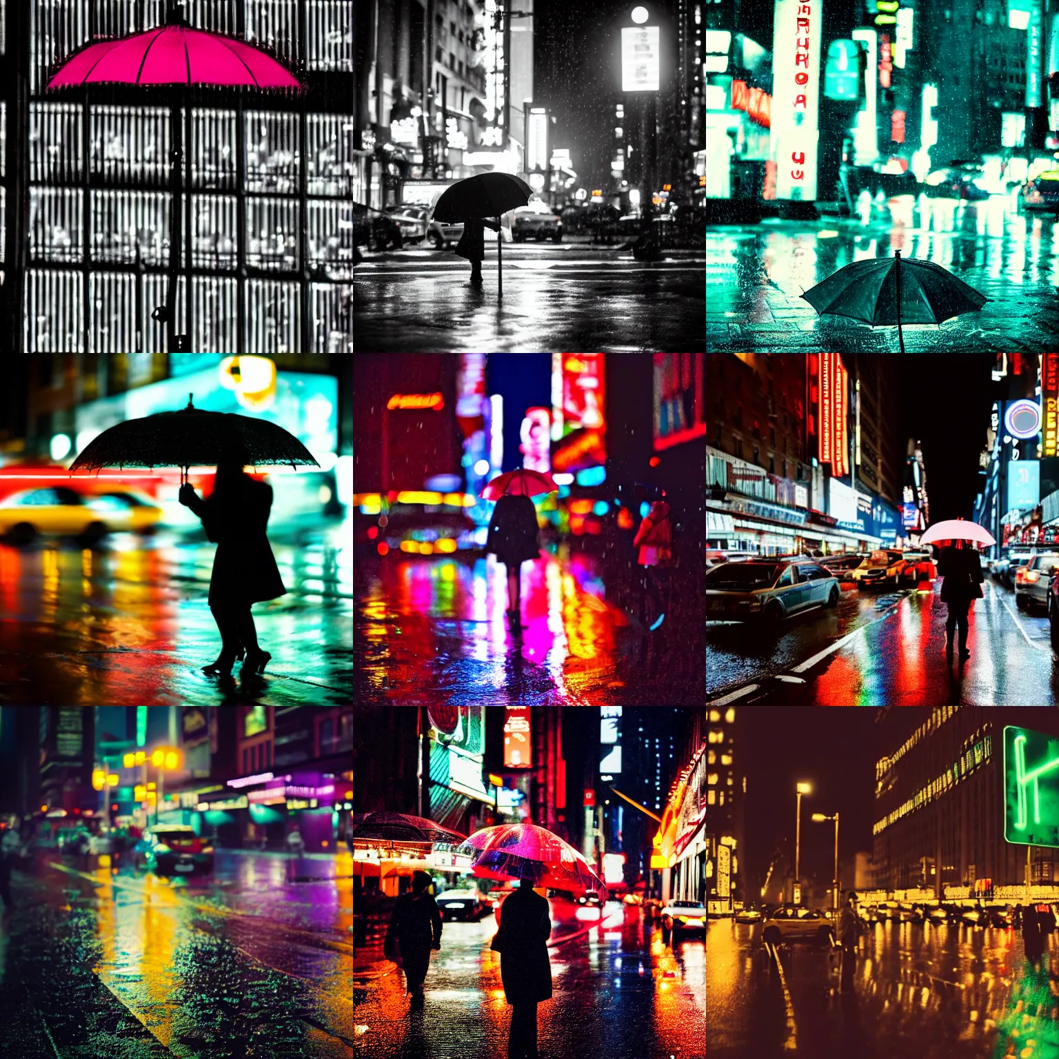 Prompt: an umbrella in a raining night in new york city neon lights moody 2 0 0 mm shot