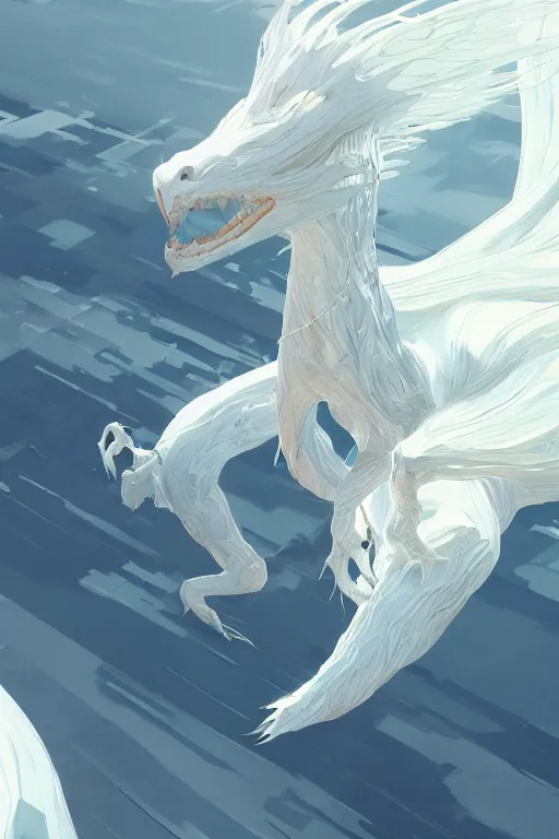 Image similar to vanishing point, white hair eva riding on the white dragon's neck ready to fight, by victo ngai and makoto shinkai, partner, global illumination, radiant light, minimalist, unreal engine 5, concept art ，, digital painting, artstation, smooth, sharp foccus, artstation hq