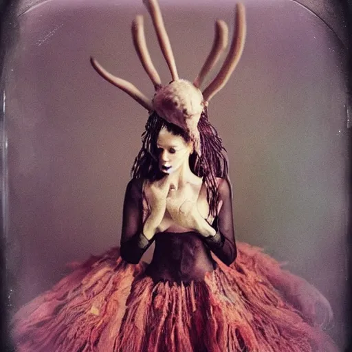 Image similar to damaged kodak portra 4 0 0, wetplate, photo of a surreal artsy dream scene,, very beautiful model, weird fashion, grotesque, extravagant dress, strange pose, carneval, with an animal, wtf, photographed by paolo roversi style