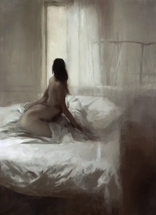 Image similar to portrait painting of a woman posing in an artistic over a bed, white satin sheets by jeremy mann, only one head single portrait