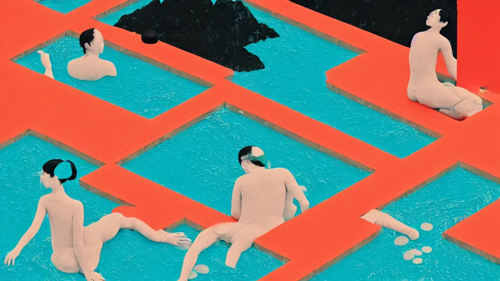 Image similar to japan onsen, a collage painting, in the style of wes anderson, lola dupre, david hockney, isolated on negative space background dark monochrome neon spraypaint accents volumetric octane render