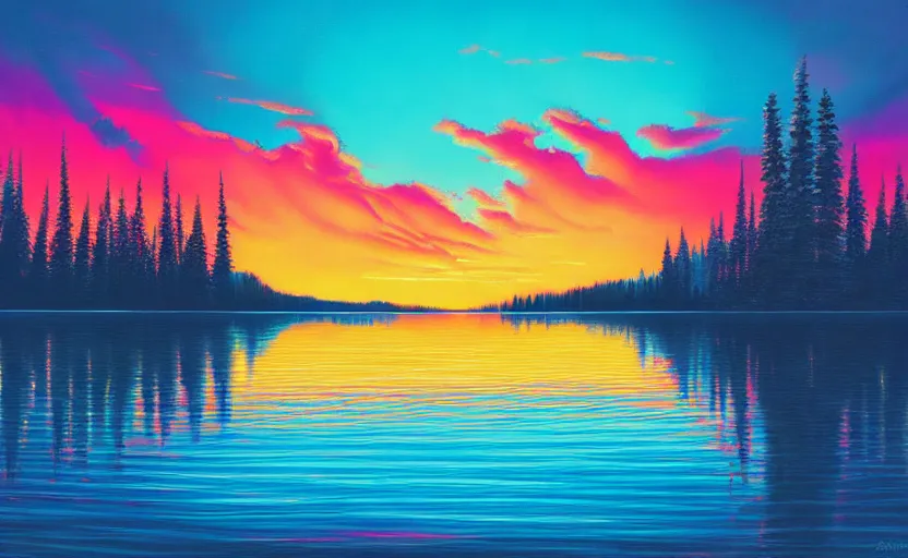 Image similar to beautiful award winning synthwave painting of a canadian lake, extreme detail, digital art, 4 k, ultra hd