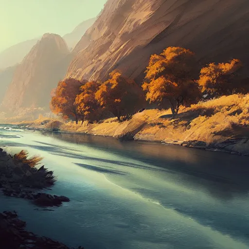 Prompt: river in avila dry mountains, 4 k, concept art, by wlop, ilya kuvshinov, artgerm, krenz cushart, greg rutkowski, pixiv. cinematic dramatic atmosphere, sharp focus, volumetric lighting, cinematic lighting, studio quality