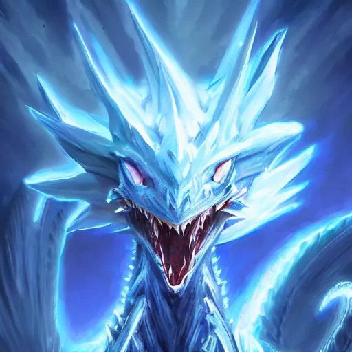 Image similar to a blue eye white dragon, yugioh card game art, battlefield background, bright art masterpiece artstation. 8 k, sharp high quality artwork in style of jose daniel cabrera pena and greg rutkowski, concept art by tooth wu, blizzard warcraft artwork, hearthstone card game artwork, yugioh artwork