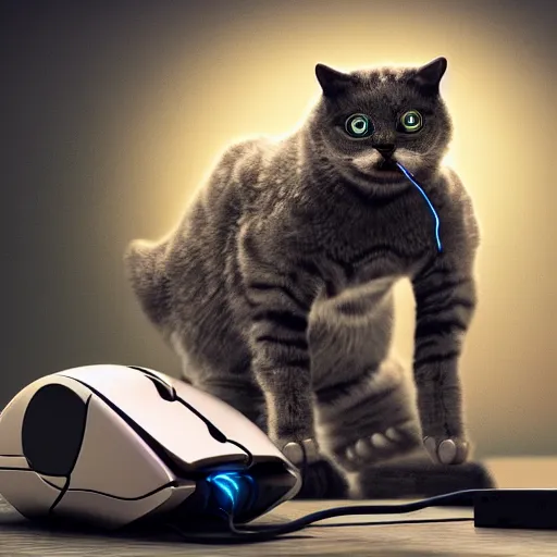 Image similar to a metallic robotic cyborg cat eating a computer mouse, cyberpunk, digital art, 8 k, trending on artstation