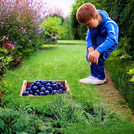 Image similar to a boy steals blueberries from a british garden, hyper realistic, 4 k, photo