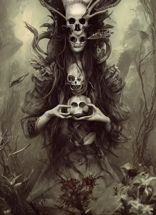 Image similar to Alice in Wonderland, White Rabbit, Death Tarot card,highly detailed,half skull face,cinematic,8k,by Stanley Artgermm,Tom Bagshaw,Greg Rutkowski,Carne Griffiths, Ayami Kojima, Beksinski, Giger,trending on DeviantArt,hyper detailed,horror, full of colour