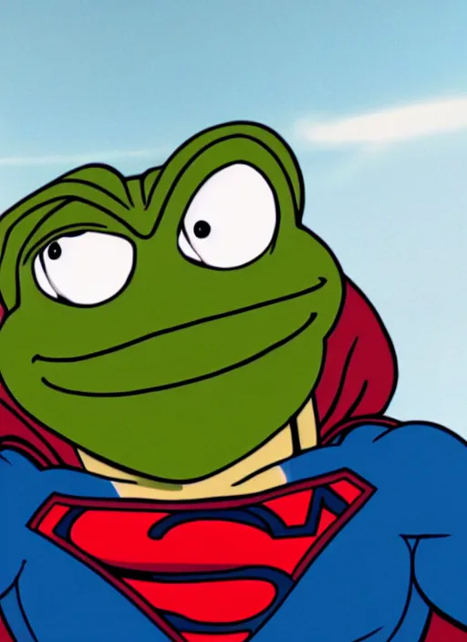 Prompt: film still of Pepe the frog as Superman in Superman, 4k