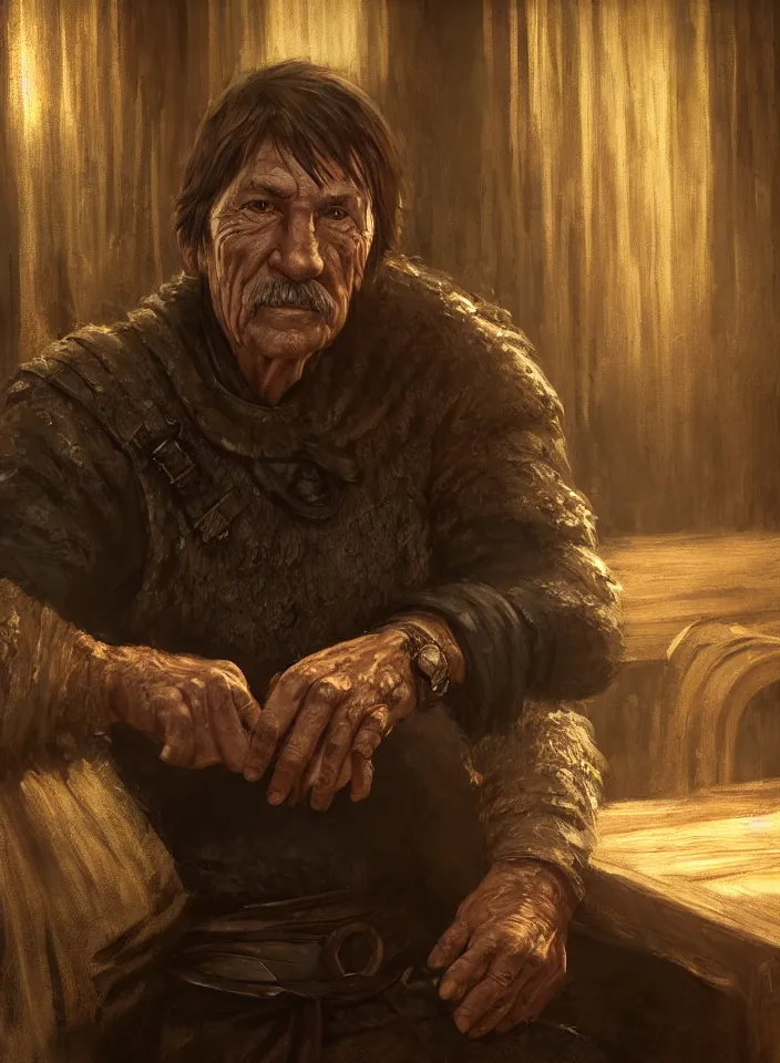 Image similar to a closeup portrait of an older man from skyrim sitting in a tavern, fantasy setting, tavern environment, serene colors, soft lighting, atmospheric, cinematic, moody, in the style of diego koi, gina heyer, luiz escanuela, art by alyssa monk, depth, hyperrealism, rule of thirds, golden ratio, oil on canvas, 8 k