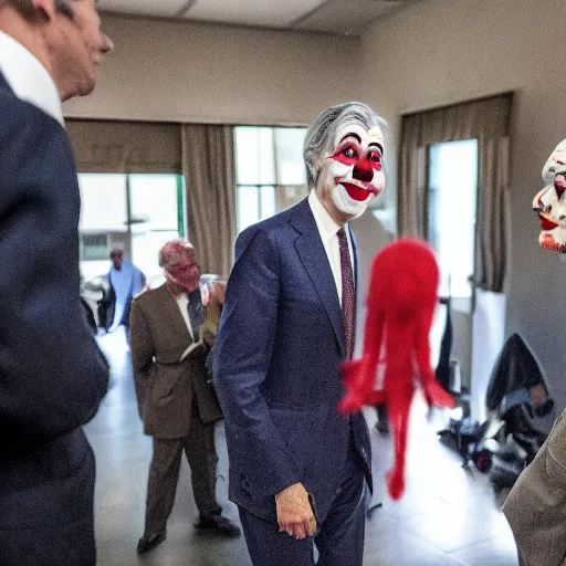 Image similar to Jerome Powell with clown makeup whiteface, talking with other clowns, full body, photo realistic, highly-detailed