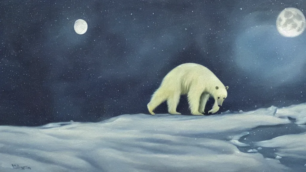 Image similar to an oil painting of a close - up polar bear traversing a snowy landscape at night, the northern lights and the moon are visible