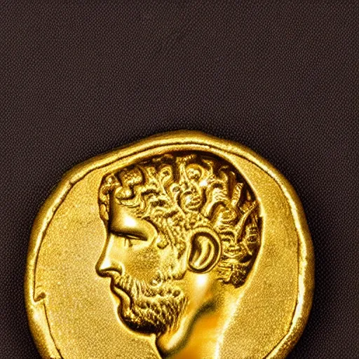 Image similar to an ancient roman gold coin with the face of drake, close up photo, ultra realistic, studio photo, bokeh.