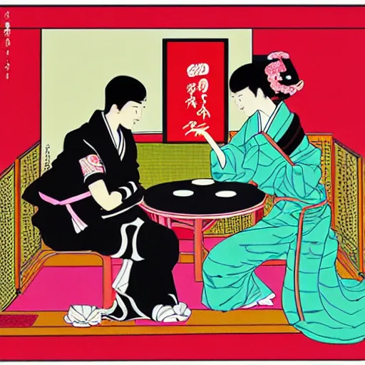 Image similar to Japanese beauty wrapped in a snake having tea with her husband by Toshio Saeki, high detailed