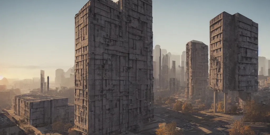 Image similar to An expansive brutalist city made of concrete:: golden hour:: Beautiful lighting:: highly detailed digital art, trending on Artstation::