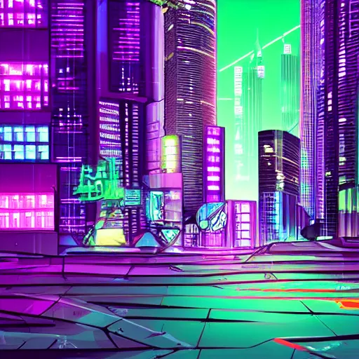 Prompt: cyberpunk city, aqua, green, and purple neon lighting