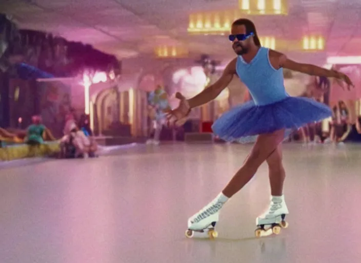 Image similar to film still of Stevie Wonder Rollerskating in the new Boogie Nights movie, 8k