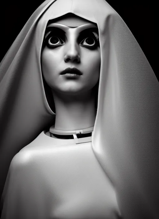 Prompt: surreal mythical dreamy dark artistic black and white fine art fashion portrait photo of a young beautiful delicate female robot - nun, rim light, cinematic, studio dramatic light, poetic, masterpiece, octane render, 8 k, photo - realistic by gustave dore william black