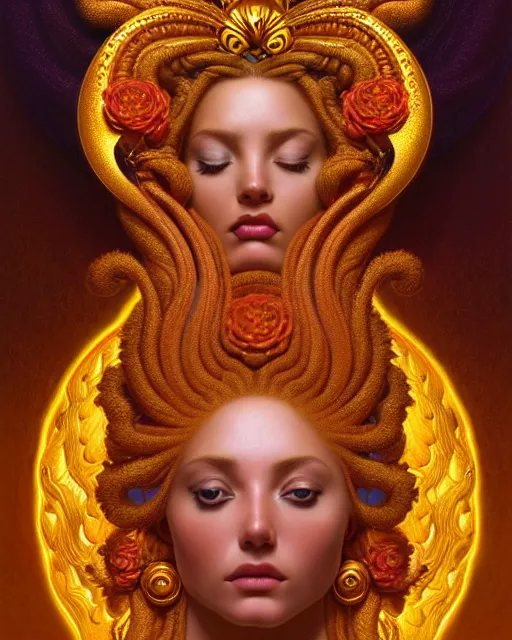 Image similar to portrait of the goddess of golden fire, unusual beauty, flowers and plants, emotionally evoking symbolic metaphors, head in focus, fantasy, ornamental, intricate, elegant, sensual, highly detailed digital painting, artstation, concept art, painterly, golden ratio, sharp focus, illustration, art by John William Godward and Boris Vallejo and Zdzisław Beksiński,