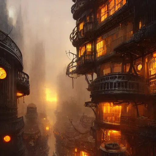 Prompt: steampunk city, sunrise, landscape, intricate, detailed, volumetric lighting, scenery, photorealistic, highly detailed, artstation, sharp focus, illustration, concept art, ruan jia, steve mccurry