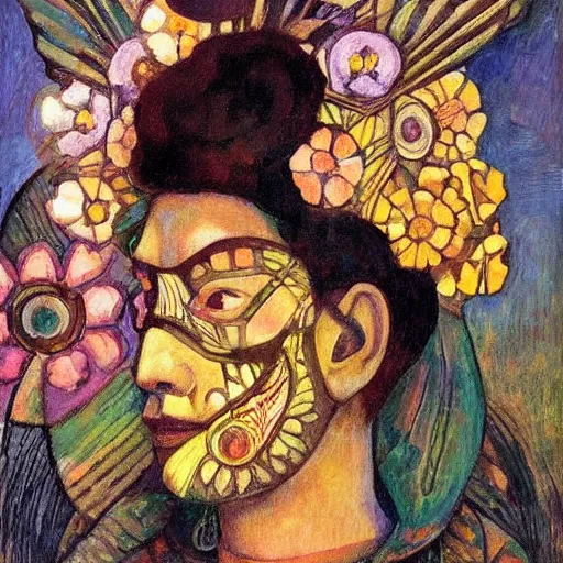 Prompt: head of a beautiful boy wearing a mask made of metal flowers, by diego rivera and john watkiss and annie swynnerton, art deco shaman, stylized flowers, art brut, symbolist, dramatic lighting, god rays, iridescent beetles, clean crisp graphics, smooth sharp focus, extremely detailed