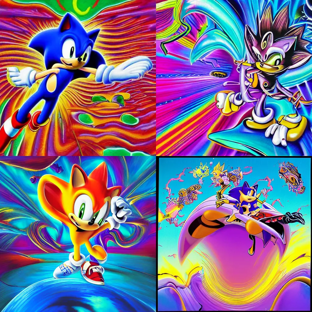 Image similar to surreal, sharp, detailed professional, high quality airbrush art MGMT album cover of a liquid dissolving LSD DMT sonic the hedgehog surfing through cyberspace, purple checkerboard background, 1990s 1992 Sega Genesis video game album cover