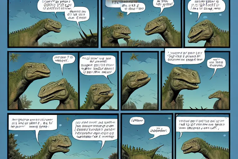 Prompt: a comic page with two dinosaurs speaking about asteroids