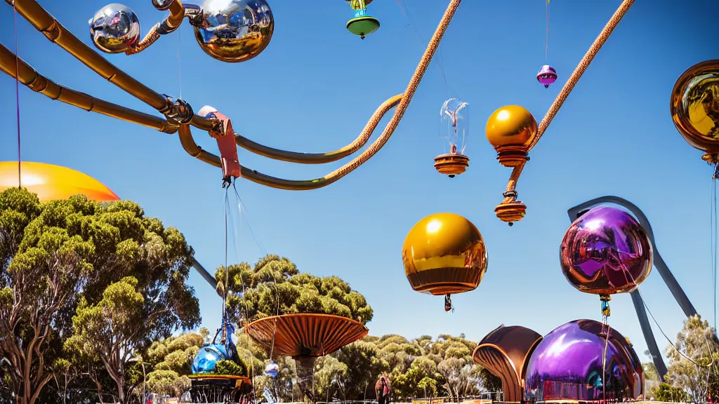 Image similar to large colorful futuristic space age metallic steampunk balloons with pipework and electrical wiring around the outside, and people on rope swings underneath, flying high over the beautiful adelaide in south australia city landscape, professional photography, 8 0 mm telephoto lens, realistic, detailed, photorealistic, photojournalism