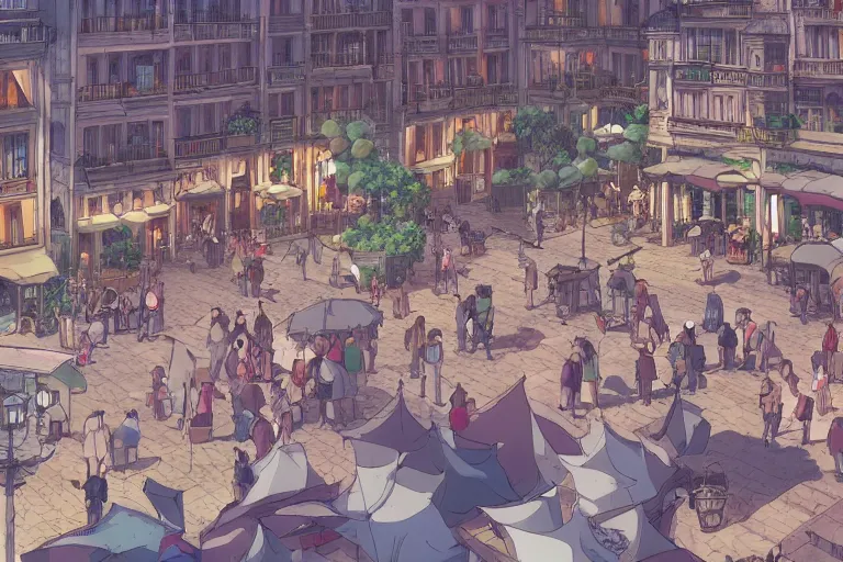 Prompt: cell shaded anime key visual of a renaissance city square, crowds of people, in the style of studio ghibli, moebius, makoto shinkai, dramatic lighting