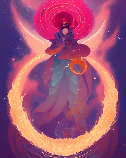 Image similar to a character portrait of only one male angel with golden fiery wings, surrounded with spiriling sparkling rose crystals and galaxies, by peter mohrbacher, hyper light drifter, ukiyo - e trending on artstation