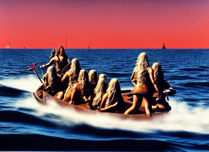 Image similar to photo of beautiful angry viking women in speed boats invading scottland, by richard corben by william eggleston by annie leibovitz, fujifilm velvia 5 0. masterpiece. intricate, hyper realism, high detail, octane render, unreal engine, 8 k, by katsuhiro otomo