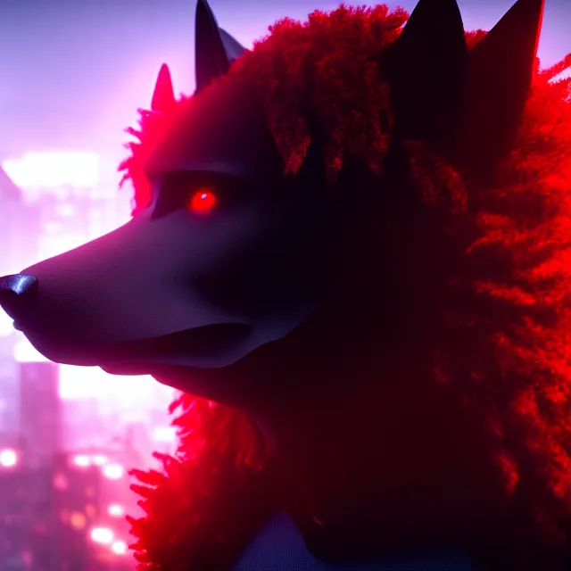 Prompt: portrait of a anthropomorphic black male wolf with red long red hair wearing futuristic clothes in a futuristic city | | concept art, 4 k, volumetric lighting, highly detailed, trending on artstation