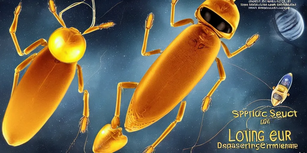 Image similar to lightning bug descendant 1 million in the future is a quadruped with big eyes. the bug wears a spacesuit, and explores the cosmos in a bug - shaped spaceship. science fiction blockbuster movie bugs save the planet or the love bug from saturn, up ( film, 2 0 0 9 )