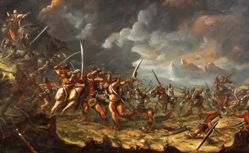 Image similar to oil painting of a spartan army charging against a giant cyclops,