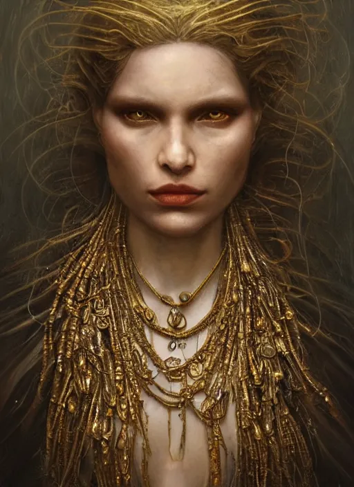 Prompt: mutant weaver with hundreds of gemencrusted golden necklaces, physically accurate, moody dynamic lighting, very very intricate, very very elegant, highly detailed, digital painting, artstation, HR GIGER, Hieronymus Bosch, Francis Bacon, concept art, smooth, very beautiful, sharp focus, illustration, art by artgerm and greg rutkowski and alphonse mucha