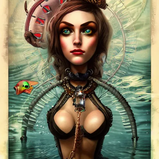 Image similar to lofi underwater bioshock steampunk portrait of mermaid, Pixar style, by Tristan Eaton Stanley Artgerm and Tom Bagshaw.